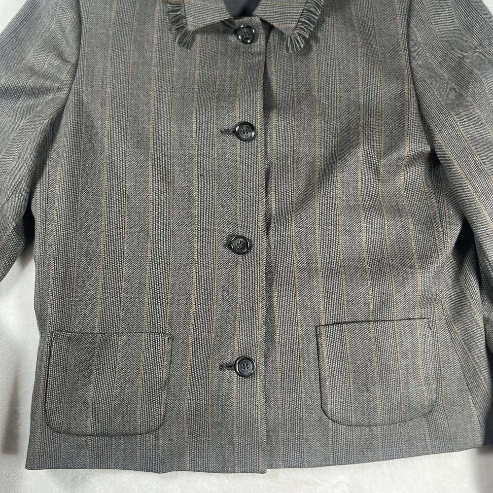Harve Benard Sport Blazer Womens 10‎ Gray Wool Pinstripe Fringe Collar Jacket